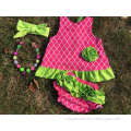 2015 baby new hot pink grid lemon green flower swing tops swing outfits with matching necklace and headband